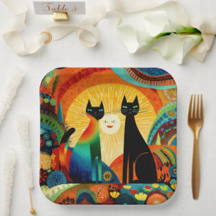 Katten op een heldere en kleurrijke achtergrond, papieren bordje