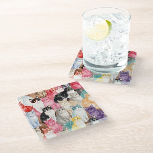 Katten op Multicolour coaster Glazen Onderzetter (Schuin)