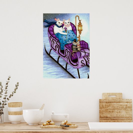 Katten op Sleigh 444 Winter Poster (Keuken)