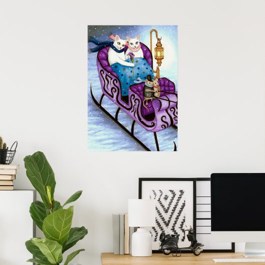 Katten op Sleigh 444 Winter Poster (Thuiskantoor)
