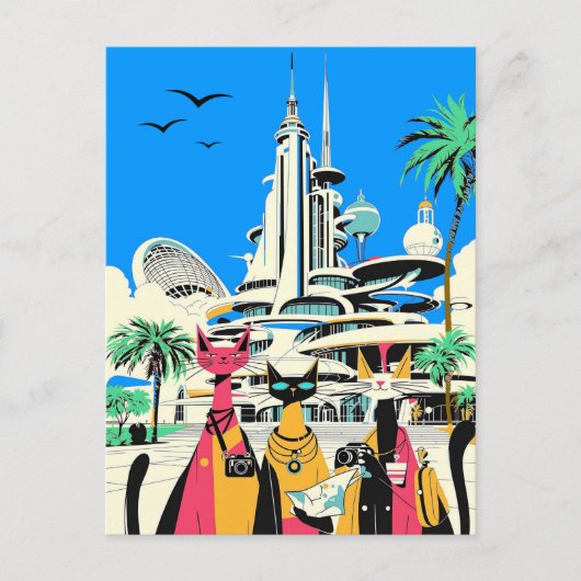 Katten op vakantie bezoeken de toekomst briefkaart (Voorkant)