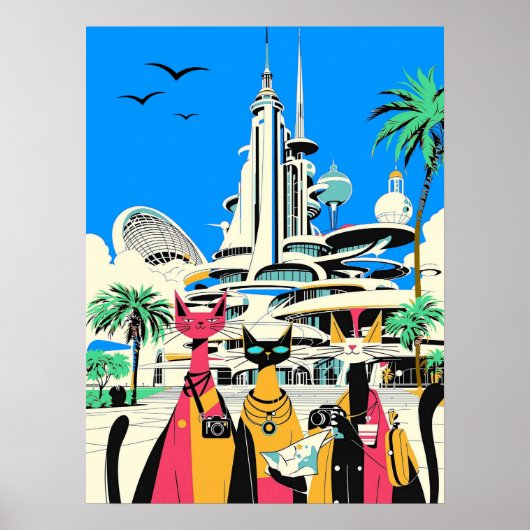 Katten op vakantie bezoeken de toekomst poster (Voorkant)