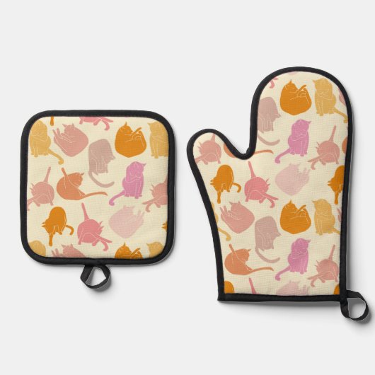 Katten Patroon Sinaasappel Roze Geel Ovenwant & Pannenlap Set (Voorkant)