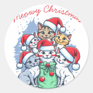 Katten Prettig Kerstfeest, Meowy Kerstmis, Grappig Ronde Sticker