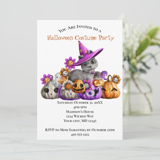 Katten Pumpkins Paars Oranje Kinder Halloween Part Kaart (Staand voorkant)