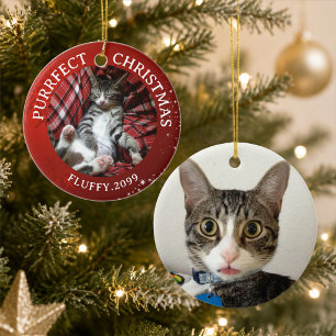 Katten Purrfect Kerstmis 2 Foto's Rood Keramisch Ornament
