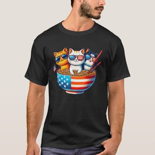 Katten Ramen Anime American Flag USA Funny 4th of  T-shirt (Voorkant)
