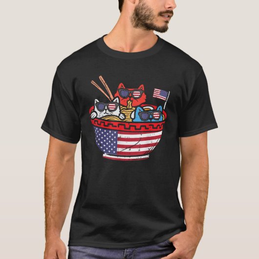 Katten Ramen Anime American Flag USA Funny 4th of  T-shirt (Voorkant)