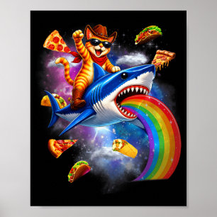 Katten rijden op haai regenboog pizza taco sterren poster