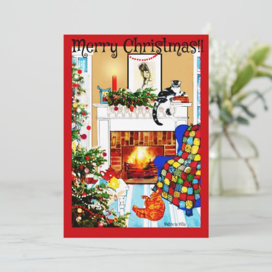 Katten rond Cozy Hearth met Fire kerstkaart (Staand voorkant)