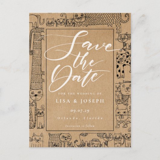 Katten Rustic Kraft Script Save the Date Aankondigingskaart (Voorkant)