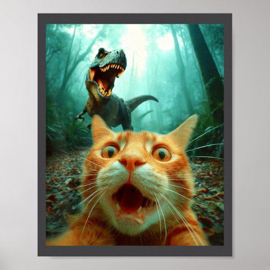Katten selfie met T-rex dinosaurus Trex Dino manne Poster (Voorkant)