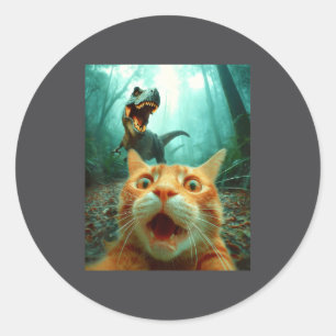 Katten selfie met T-rex dinosaurus Trex Dino manne Ronde Sticker