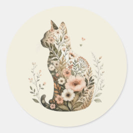 Katten Silhouet Bloem Boho Wilde Bloem Ronde Sticker