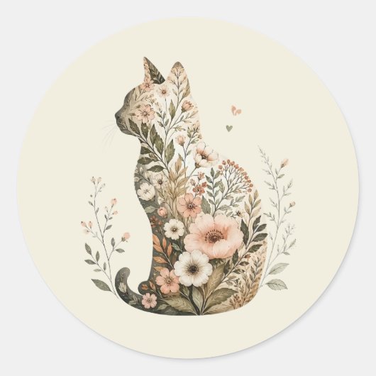 Katten Silhouet Bloem Boho Wilde Bloem Ronde Sticker (Voorkant)