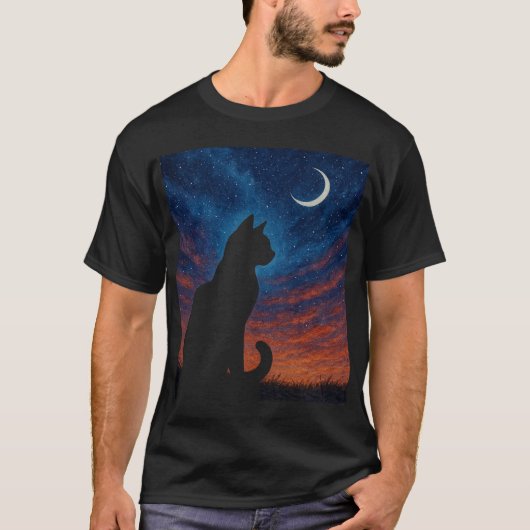 Katten Silhouet - Halve Maan Nachtelijke Hemel T-shirt (Voorkant)