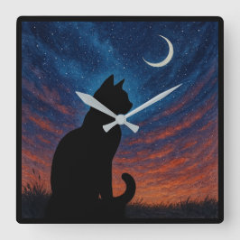Katten Silhouet - Halve Maan Nachtelijke Hemel Vierkante Klok