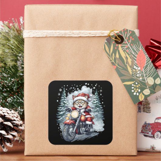 Katten-Sinterklaas-motorfiets Zwarte Achtergrond Vierkante Sticker (Feestdagen)
