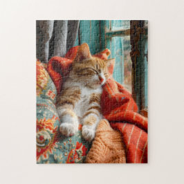 Katten slaapt bij raam met kussen en deken legpuzzel