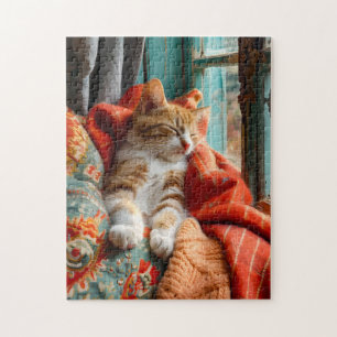 Katten slaapt bij raam met kussen en deken legpuzzel