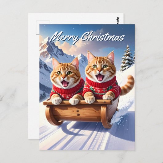 Katten Sled Ride Kerstmis Briefkaart (Voorkant / Achterkant)