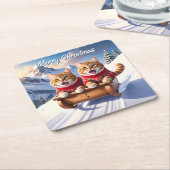 Katten Sled Ride Kerstmis Kartonnen Onderzetters (Schuin)