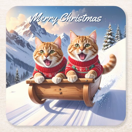 Katten Sled Ride Kerstmis Kartonnen Onderzetters (Voorkant)