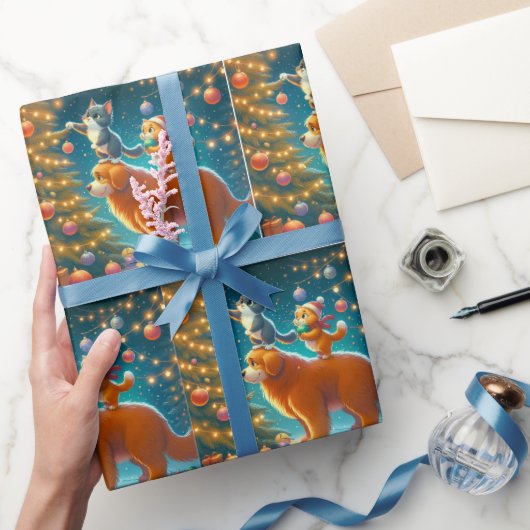 Katten staan op hond om kerstboom te versieren cadeaupapier (Geschenken)