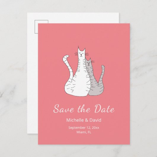 Katten Tekening Eenvoudige Bruiloft Save the Date  Aankondigingskaart (Voorkant / Achterkant)