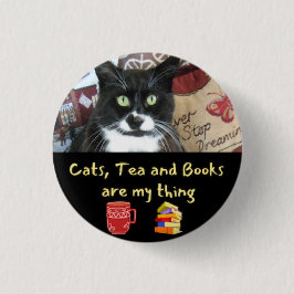 Katten, thee en boeken zijn mijn ding - 3cm ronde  ronde button 3,2 cm