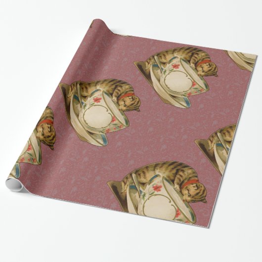 Katten Theekopje Schattig Vintage Victoriaans Huis Cadeaupapier (Uitgerold)