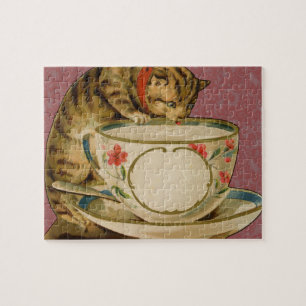 Katten Theekopje Schattig Vintage Victoriaans Huis Legpuzzel