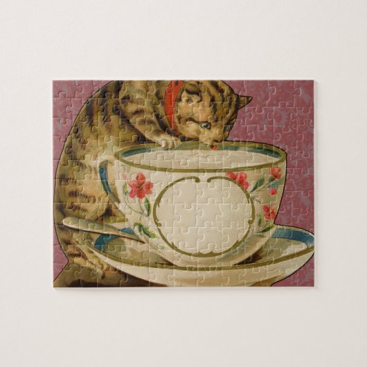 Katten Theekopje Schattig Vintage Victoriaans Huis Legpuzzel (Horizontaal)