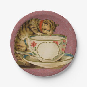 Katten Theekopje Schattig Vintage Victoriaans Huis Papieren Bordje