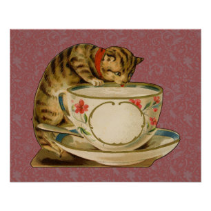 Katten Theekopje Schattig Vintage Victoriaans Huis Perfect Poster