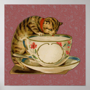 Katten Theekopje Schattig Vintage Victoriaans Huis Poster