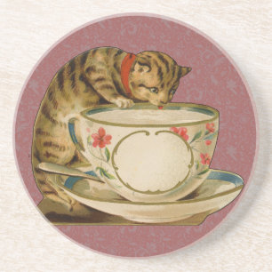Katten Theekopje Schattig Vintage Victoriaans Huis Zandsteen Onderzetter
