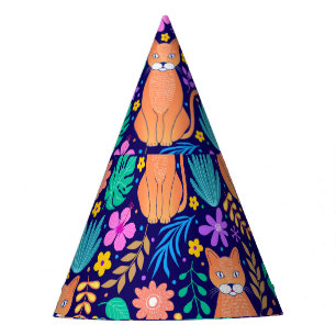 Katten & tropische bloemen: donker patroon feesthoedjes