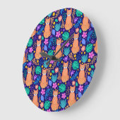 Katten & tropische bloemen: donker patroon grote klok (Hoek)