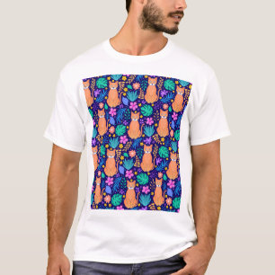 Katten & tropische bloemen: donker patroon t-shirt