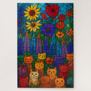 Katten tuinkunst met glas-in-lood katten en bloeme legpuzzel
