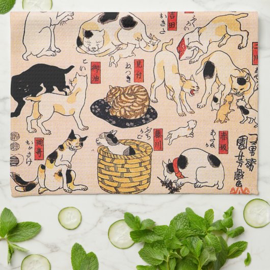 Katten van Utagawa Kuniyoshi Theedoek (Gevouwen)