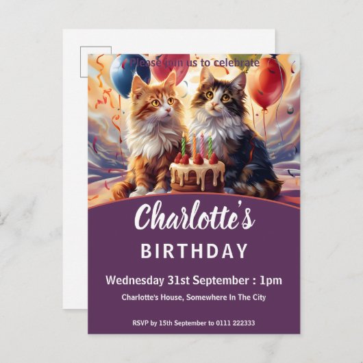 Katten Verjaardag Uitnodiging Briefkaart (Voorkant / Achterkant)