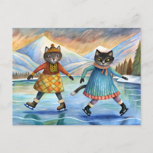 Katten verkleed schaatsen op het meer in de Alpen Feestdagenkaart