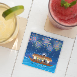 Katten Verrukking in vuurwerk Aan boord van een wo Glazen Onderzetter