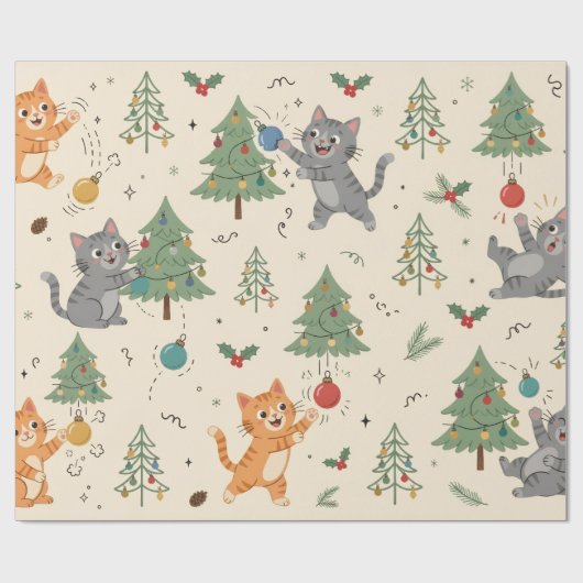 Katten versus kerstboom Grappig inpakpapier (Vlak)