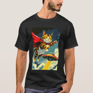 Katten vliegen met UFO-novelty T-shirt, schattige  T-shirt