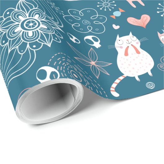 Katten, vogels en hartenpapier cadeaupapier (Rol Hoek)