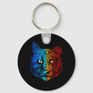 Katten- vs Tijgergezicht Mandala-ontwerp Sleutelhanger