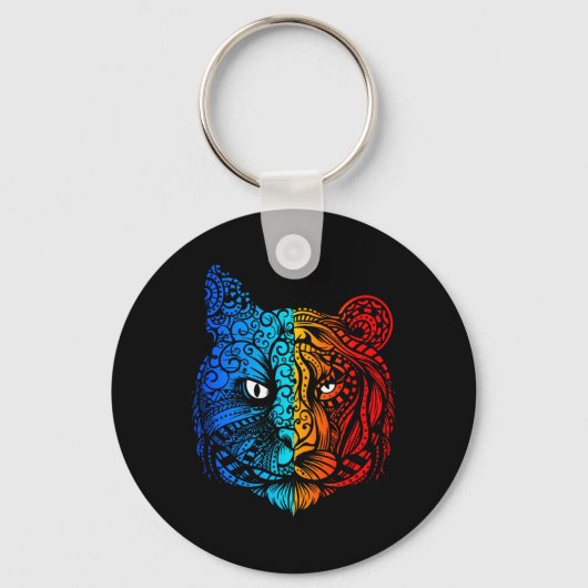 Katten- vs Tijgergezicht Mandala-ontwerp Sleutelhanger (Voorkant)